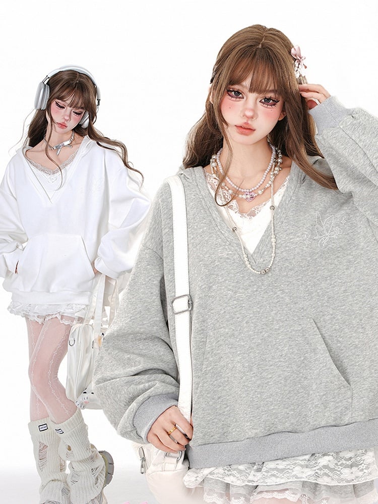 Grey/White Lace Trim V-neck Loose Hoodie Fake Two-piece