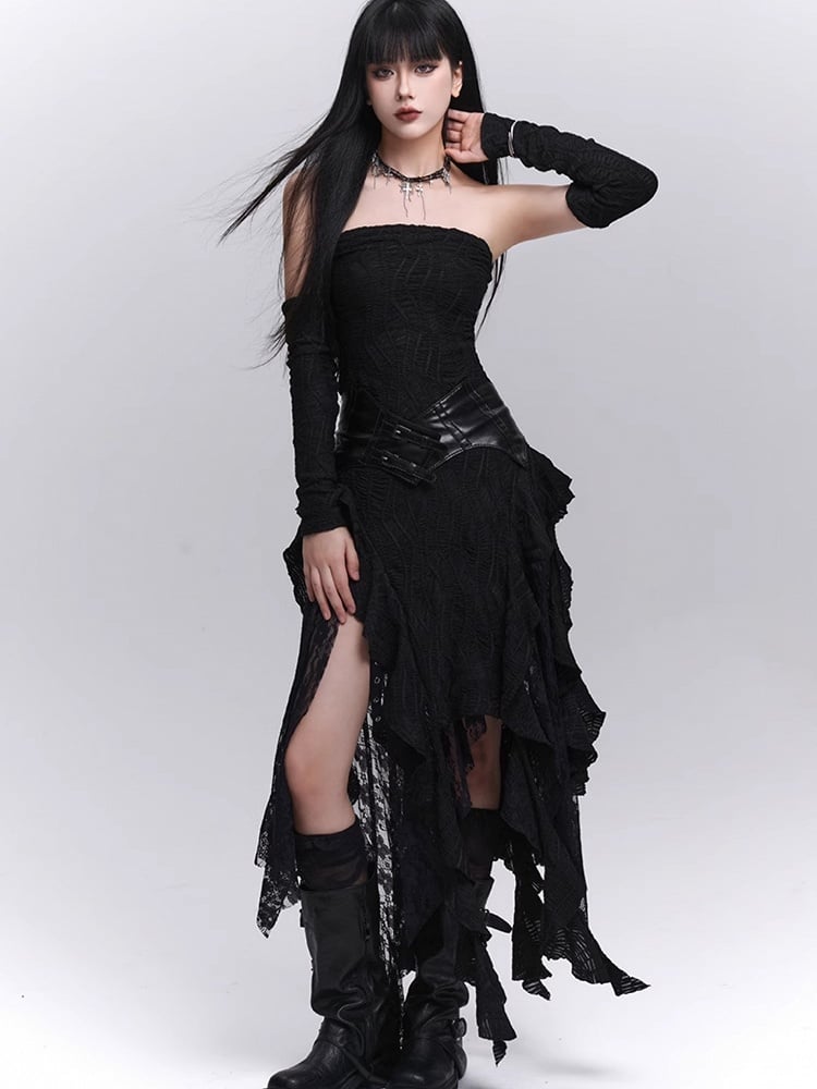 Asymmetrical with Black Free Cascading Ruffles Strapless Dress