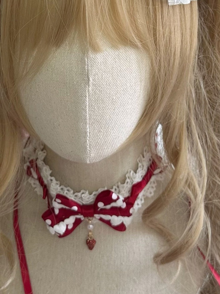 Bow Choker Pattern Polka-dot Lolita Lace Sweet Red