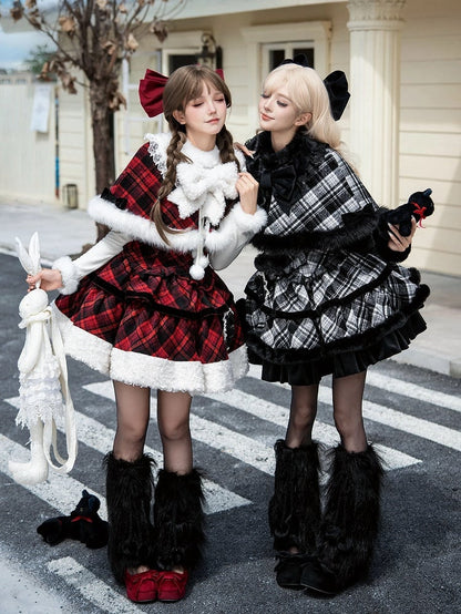 - JSK Cape Reversible Set Plaid Warmers + Brooches Red Winter Leg Lolita Black