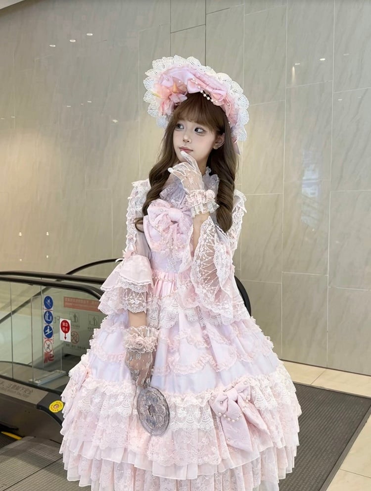 Small Pink Bows Ruffle Adorned Lolita Shirt 3/4 Sleeves Neckline
