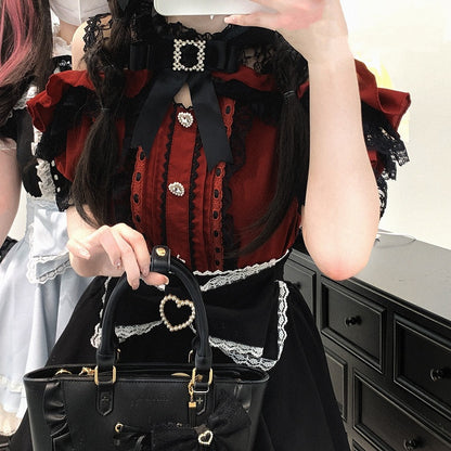 Jirai Kei Black/White/Red/Light Buttons Blue Open Shoulder Sweetheart Lace Trim Blouse