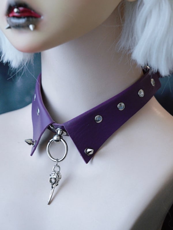 Bird Gothic Details Studs Bone Purple Pendant Choker Silver