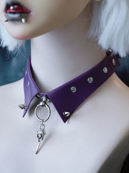 Bird Gothic Details Studs Bone Purple Pendant Choker Silver