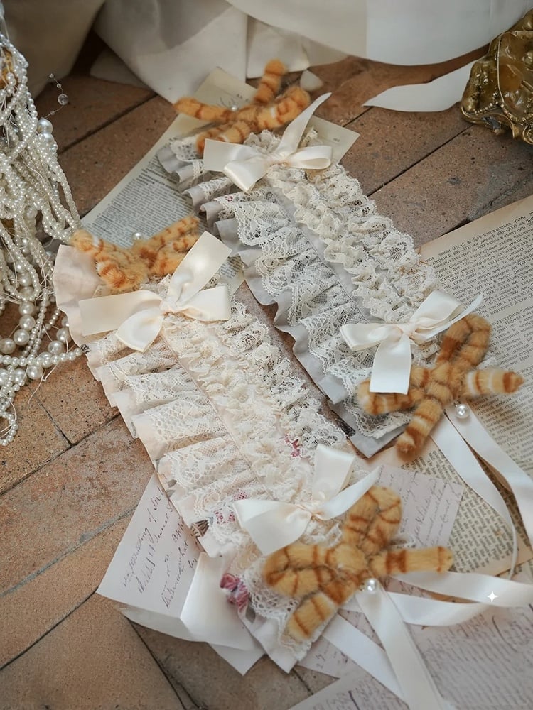 Beige/Green Lace Ruffled Sweet Lolita Hairband with Plush Bows - NyaNya