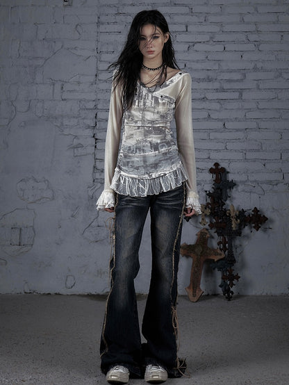 トリムスターレースウェイストランドパンクスタッド装飾ブラックグレー/ベージュTシャツと