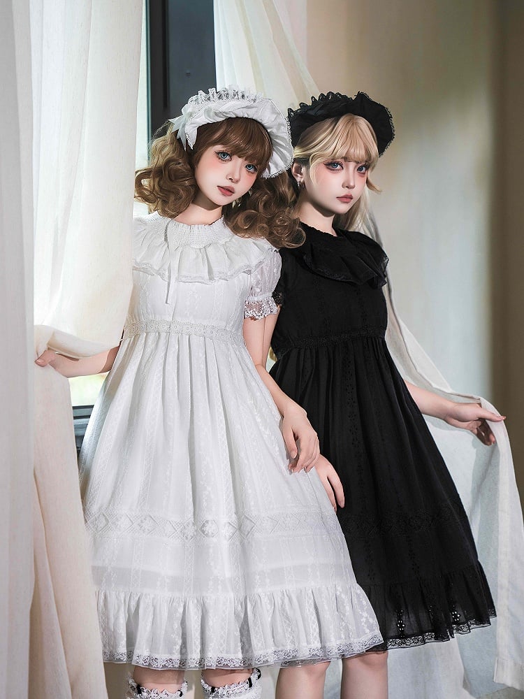 Weißes Lolita-Taille-Shiro-Kleid mit hohen Puffärmeln aus Baumwolle