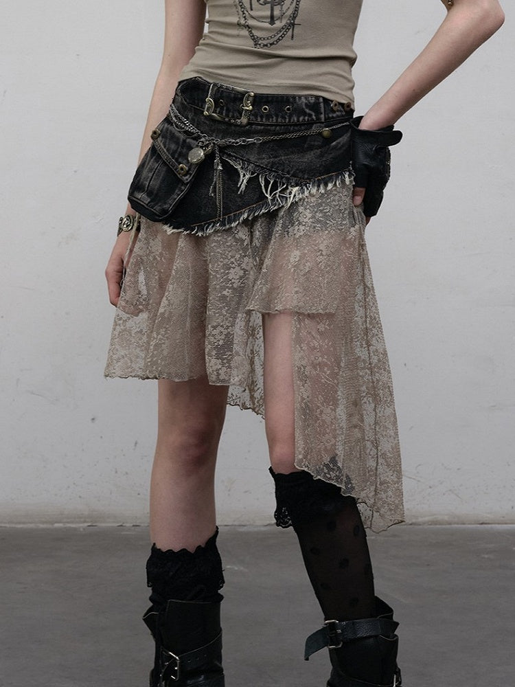 Punk Hem Lace with Denim Asymmetric Distressed Adjustable Back Belt Skirt