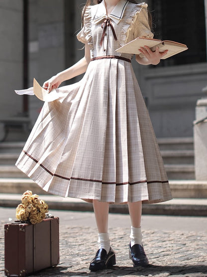 Plaid Elegant Puff Tie Coffee Light Sleeves Dress with Skirt Pleated