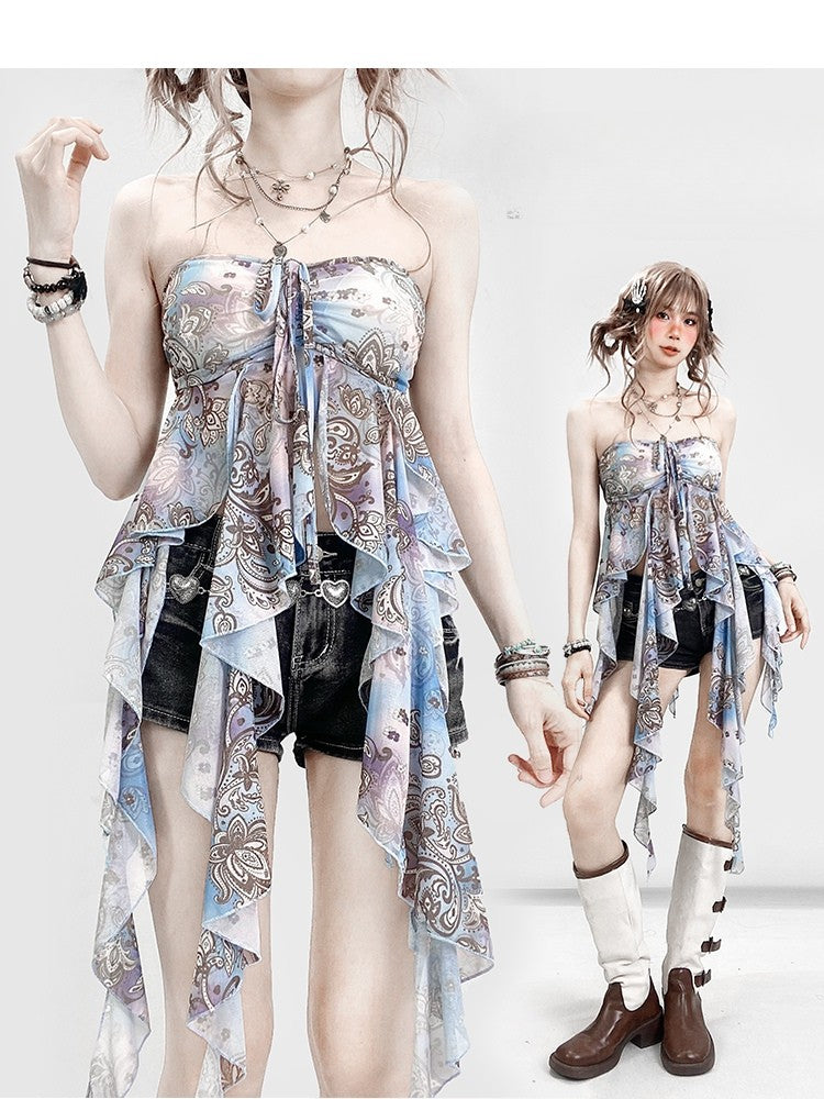 ブルーホリデーフリルプリントトップチューブアクセントデザインカスケーディング