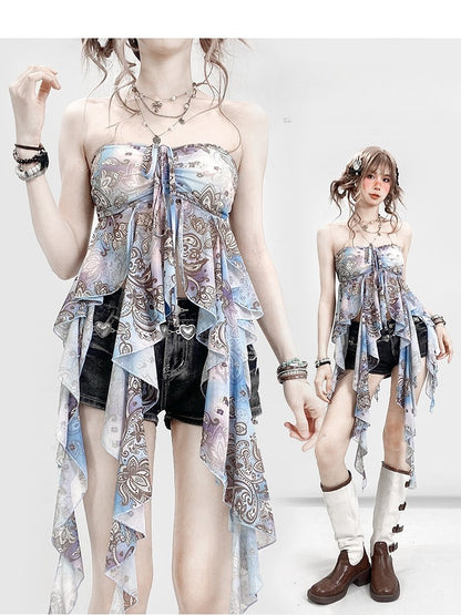 ブルーホリデーフリルプリントトップチューブアクセントデザインカスケーディング