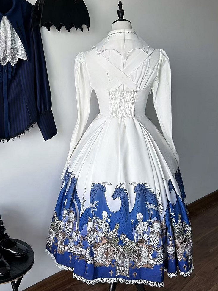 Cross and Blue Gothic Lace Trim with Skeleton Print Lolita Under Bust Dress White