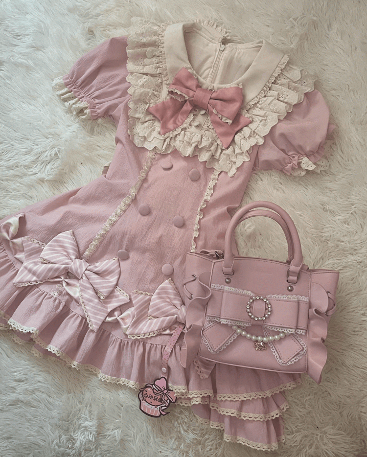 Jirai Kei Pink/Black Big Bow Handbag with Beaded Chain and Heart Rhinestone Charm