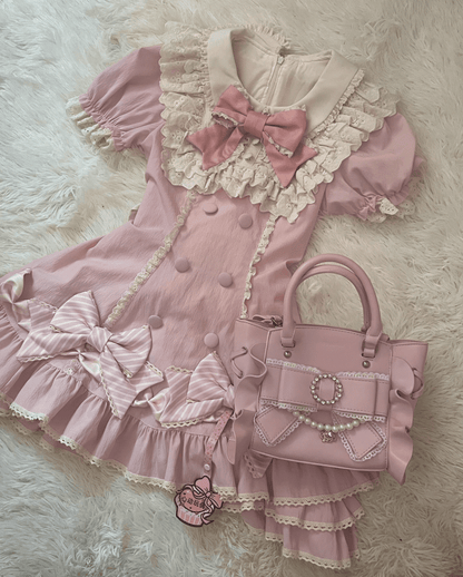 Jirai Kei Pink/Black Big Bow Handbag with Beaded Chain and Heart Rhinestone Charm