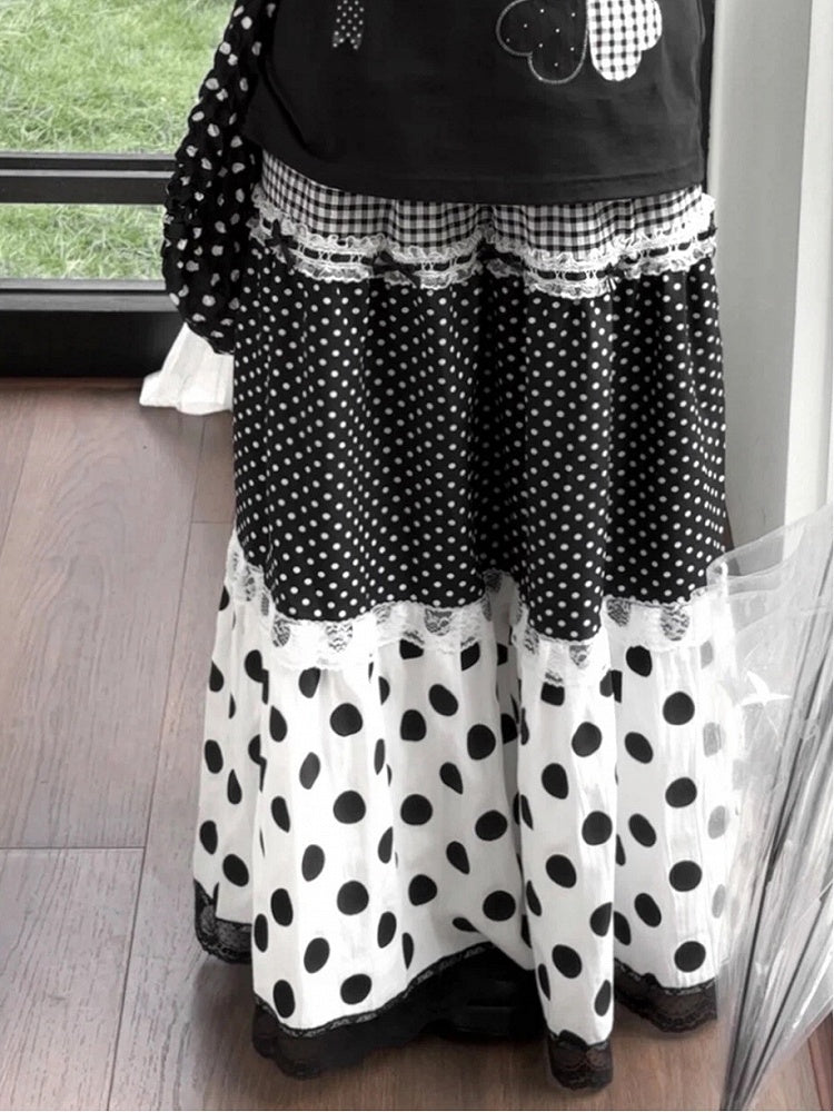 Maxi Skirt Lace Polka White Dot Panelled Black with Trim