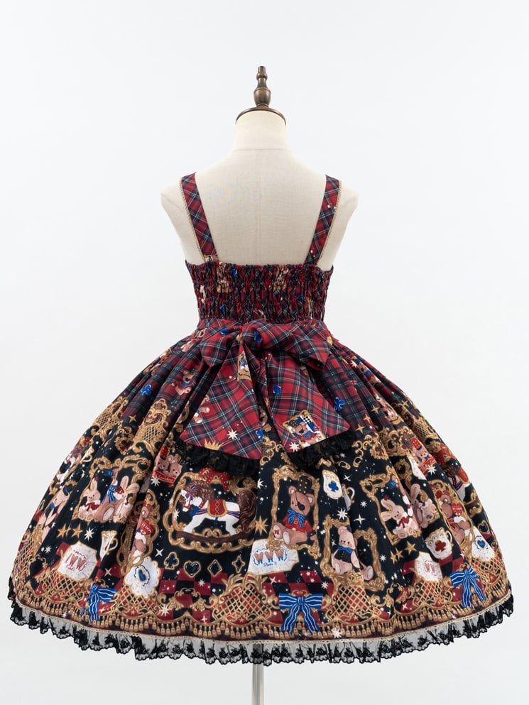 Lolita Trim Details Dress with Sweet Bear Black Lace Red Bow Print Plaid and