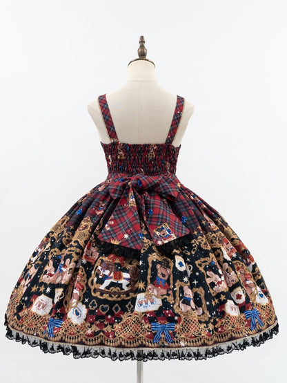 Lolita Trim Details Dress with Sweet Bear Black Lace Red Bow Print Plaid and