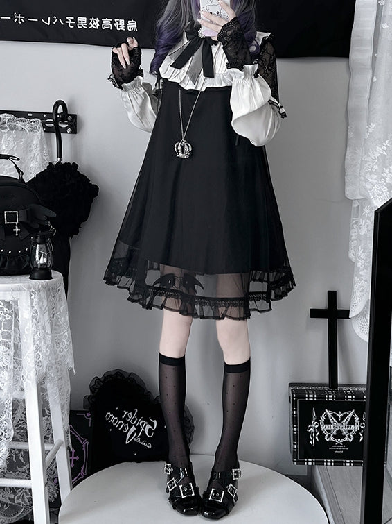 ジライケイ ブラック レースパッチ ショルダー メッシュオーバーレイ ロングスリーブ ドレス