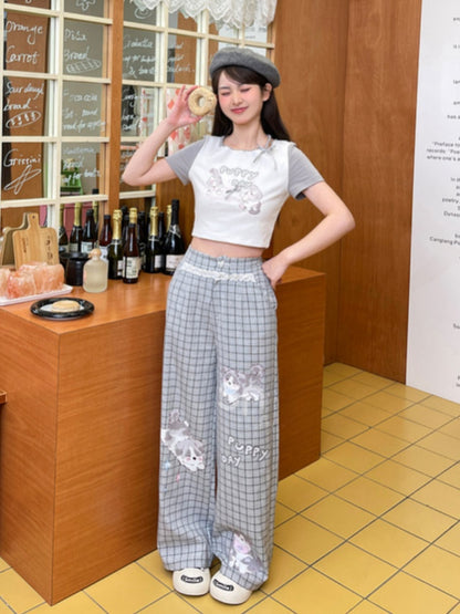 Normale/kurze Spitze, grau kariert, Welpen-Print, Herz-Knopf-Version, weites Bein, Hosenbesatz