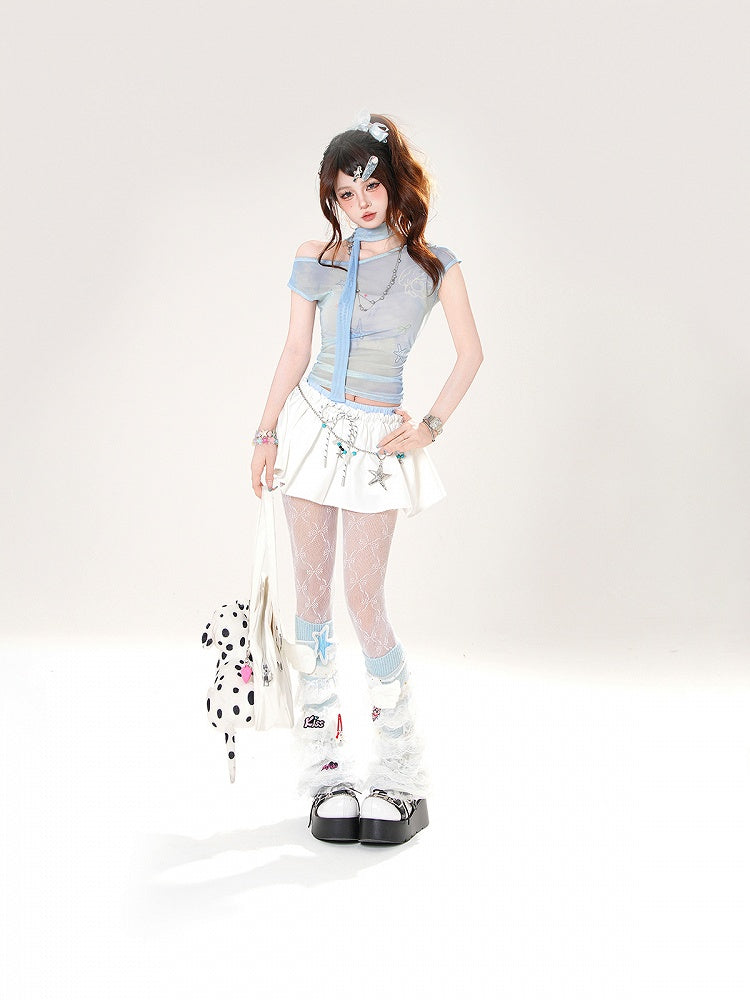 White and Blue Double Elastic Waistband Mini Skirt