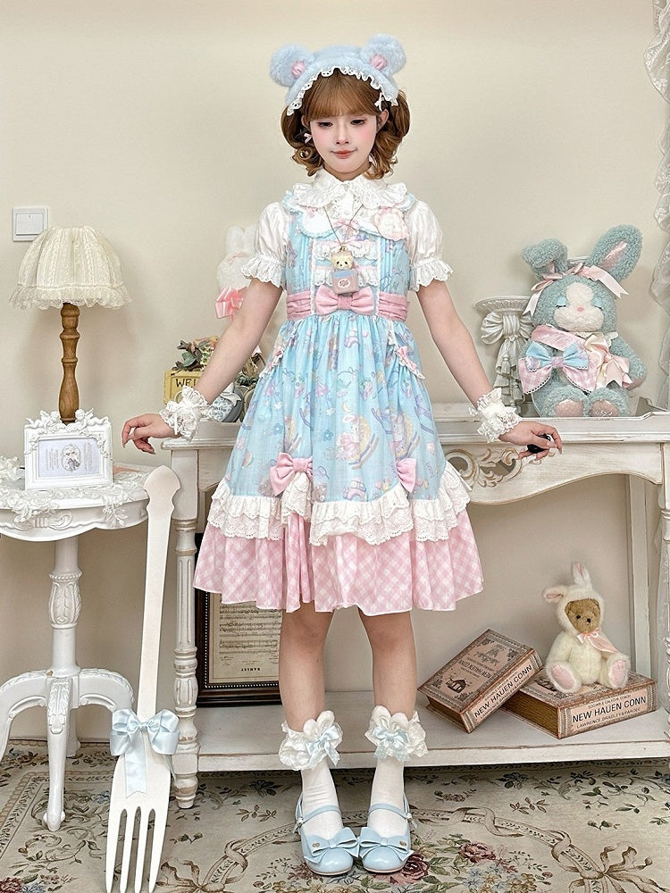 Adorable Lolita JSK Gown in Blue and Pink with Bow and Pocket Accents - Vcastle