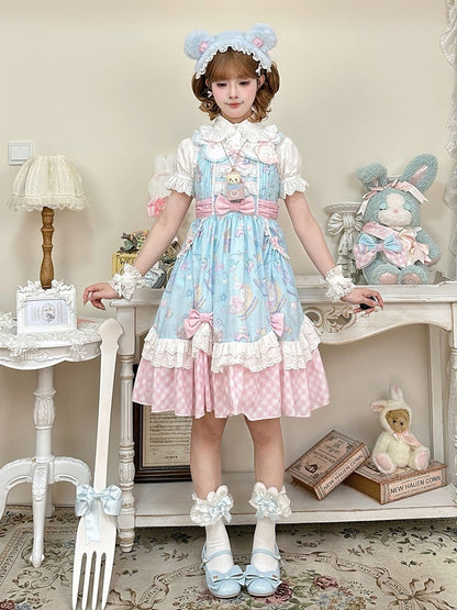 Adorable Lolita JSK Gown in Blue and Pink with Bow and Pocket Accents - Vcastle