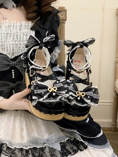 Black Hanayome Lolita Removable Bead Chain and Bow Accents Sweet Platform Shoes