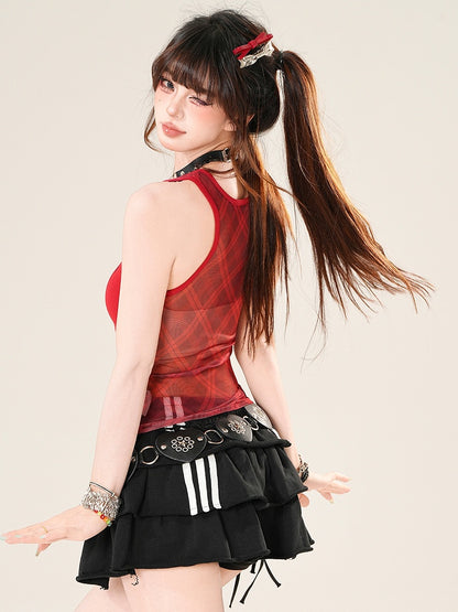 Blau/Rot Top Muster Ärmellos Glamourös Und Druck Plaid Korsett Brief