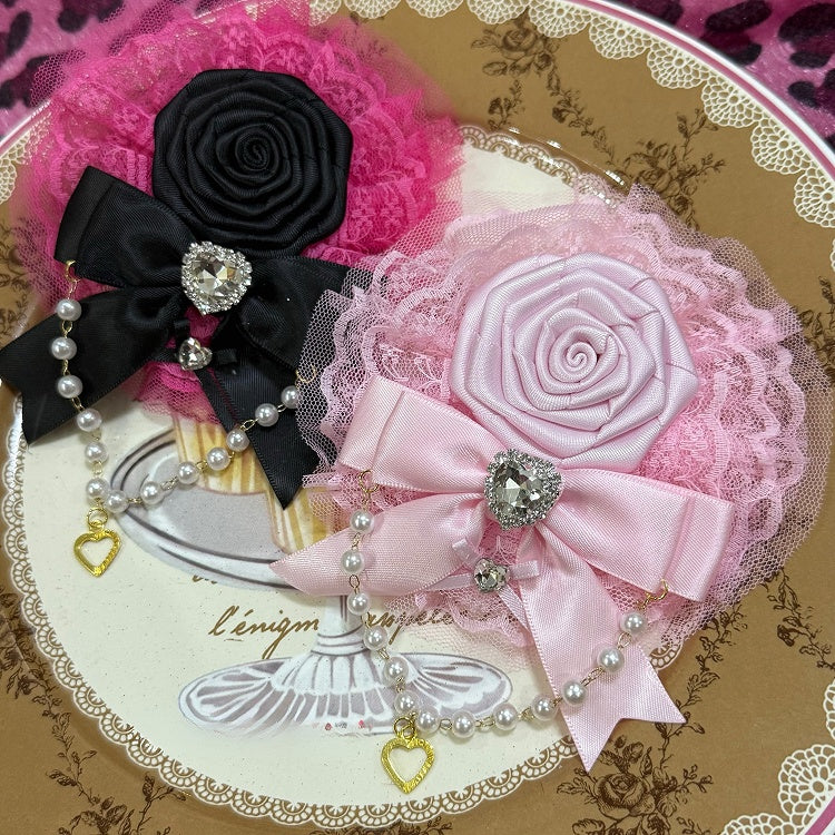 Perlenbesatz, Blumenmuster, verziert und rosa/rosafarbener Charme, Schleife, Strass, Herz, Spitze, Haarspange, Rot