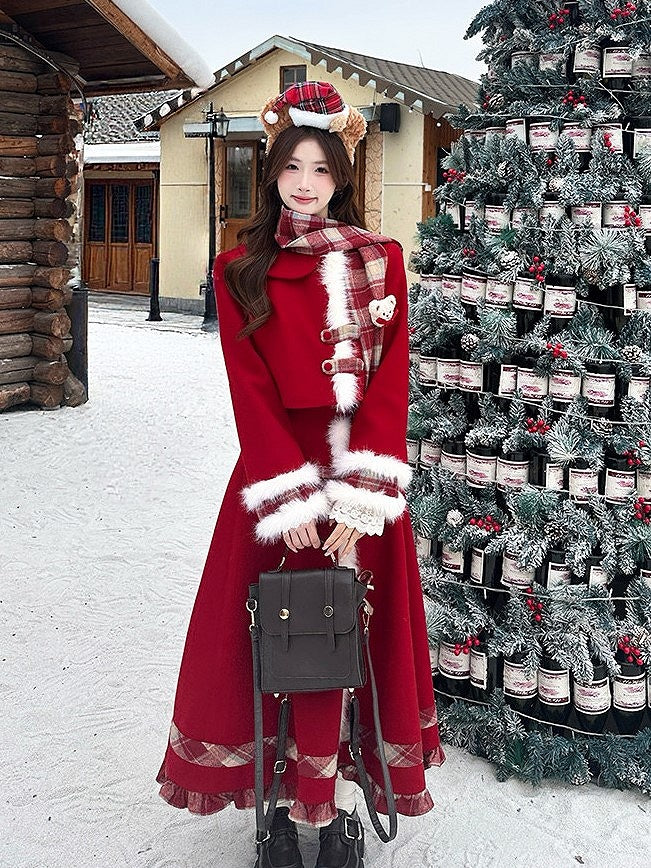 Elegant Plaid Classic + Lolita Skirt Hem Trim Fur Ruffle Scarf Faux Top Set Red