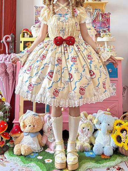 Smocked Cream One Lolita Bows Sweet and Piece Kitty Yellow Elastic Print Bodice
