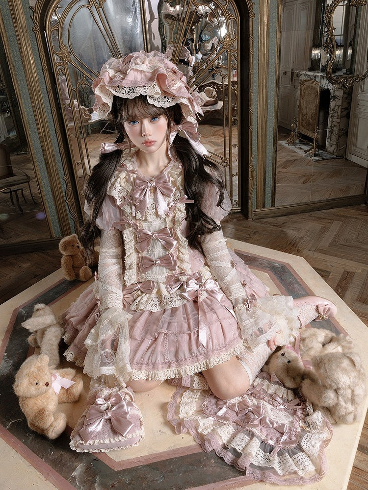 Sleeves Puff Pink with Waist Bow Dress and Sweet Beige Low Lolita Accents