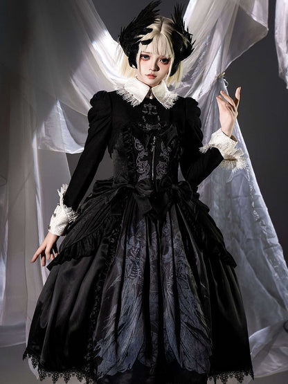Lolita Top Long Embroidery Cropped Gothic Sleeves Black Scale