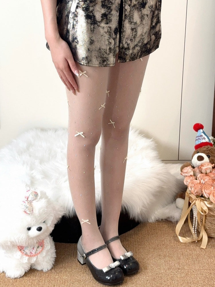 Decorated Tights Details Bowknot Beige/White/Nude Rhinestone