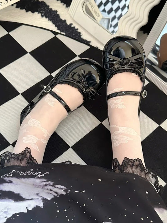 Top Sweet Toe Black Leather Mary Bow Circle Trim Janes PU Buckle Round Lace