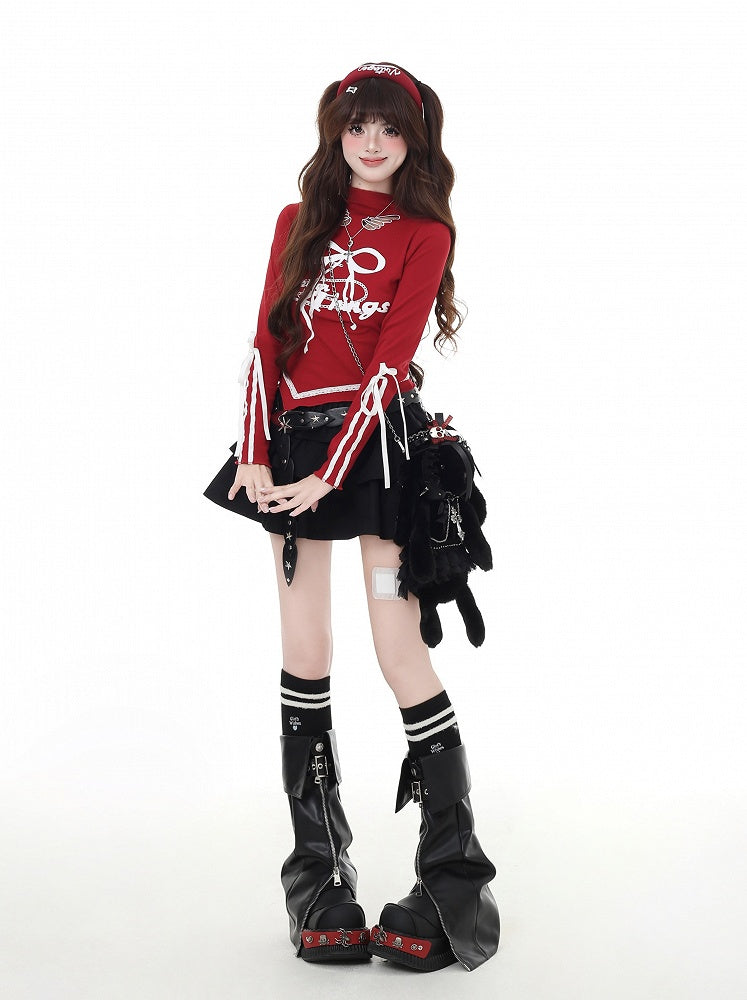 プリントカットアウト、蝶結び、カーブヘム、レッド/ブラック、モックウィングシェイプ、ヴィンテージネック