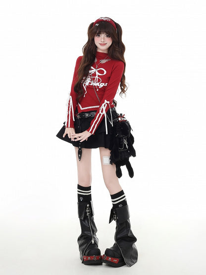 プリントカットアウト、蝶結び、カーブヘム、レッド/ブラック、モックウィングシェイプ、ヴィンテージネック