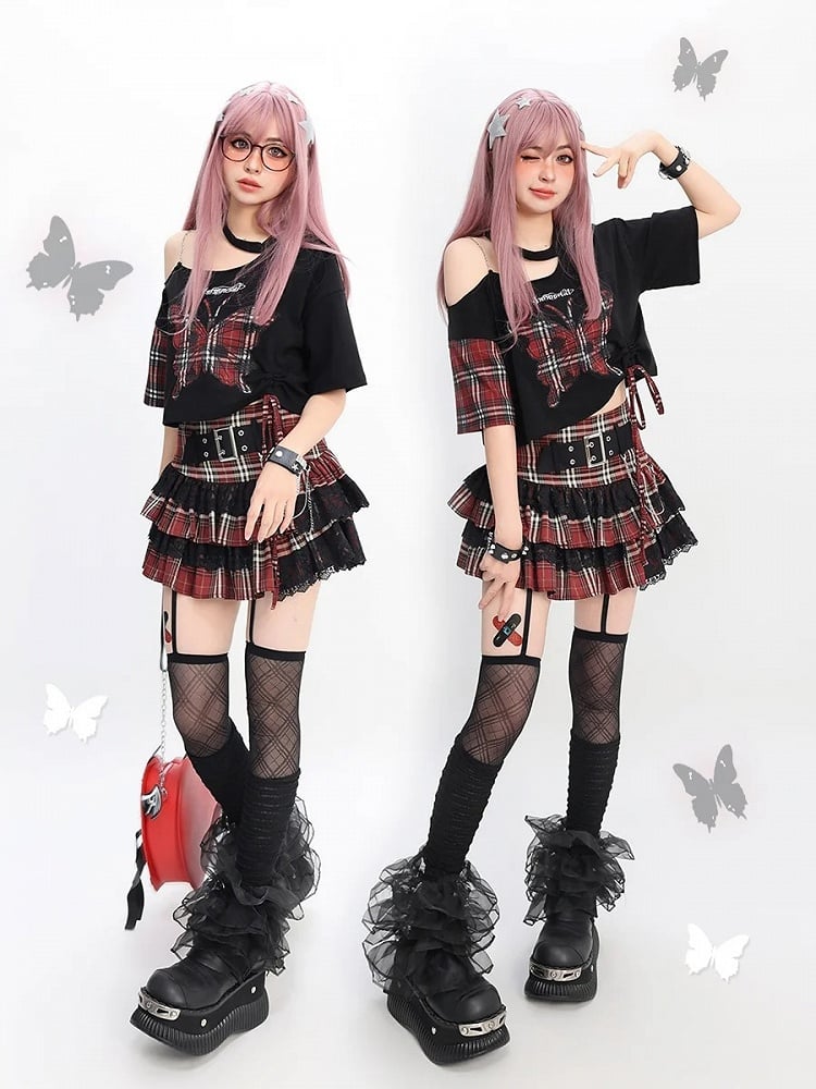 Rote Schmetterlingsapplikation Schwarz Asymmetrischer Ausschnitt T-Shirt Y2K Plaid