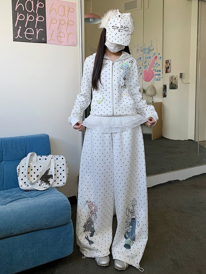 Design Pattern Polka-dot Pants Cartoon Girl Wide-leg White with Pull-on