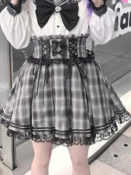 Plaid Gray Kei Style Waist Jirai High Skirt Lace-up with