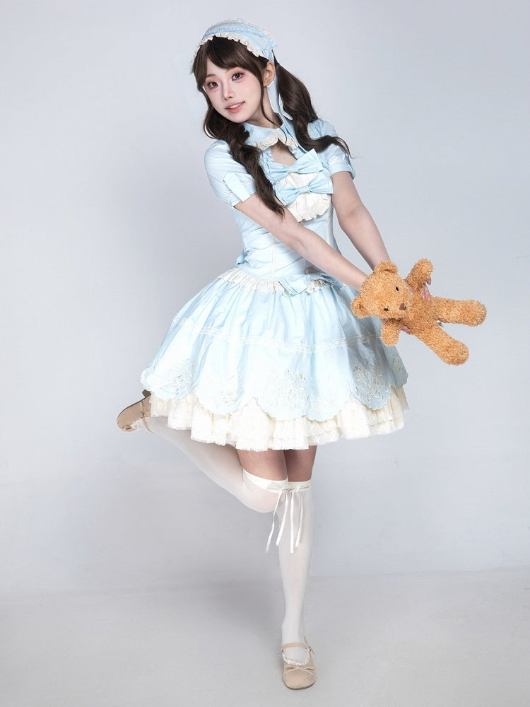 Blue Old School Lolita Cotton OP Dress with Embroidered Scallop Trim Skirt - Secret Tea Party