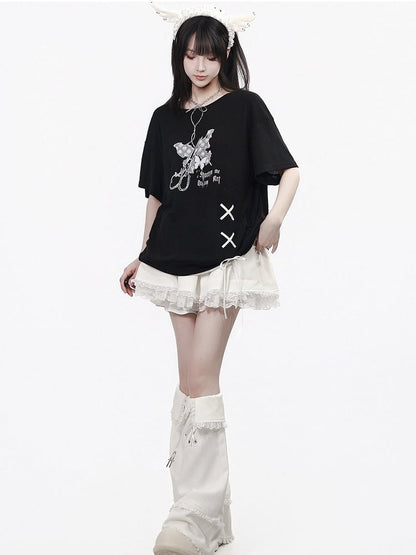 Black Butterfly Round Neck Top with Lace & Ribbon - PINK SAVIOR