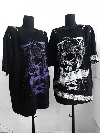 and Fastener Shoulder Anime Girl Graphic T-Shirt Black Decorative Black White / with Lace Embellishment Purple