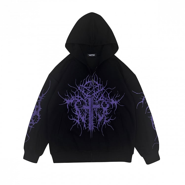 Gothic with Cross Hoodie Black Zip-Up Print Purple