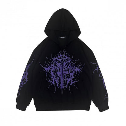 Gothic with Cross Hoodie Black Zip-Up Print Purple