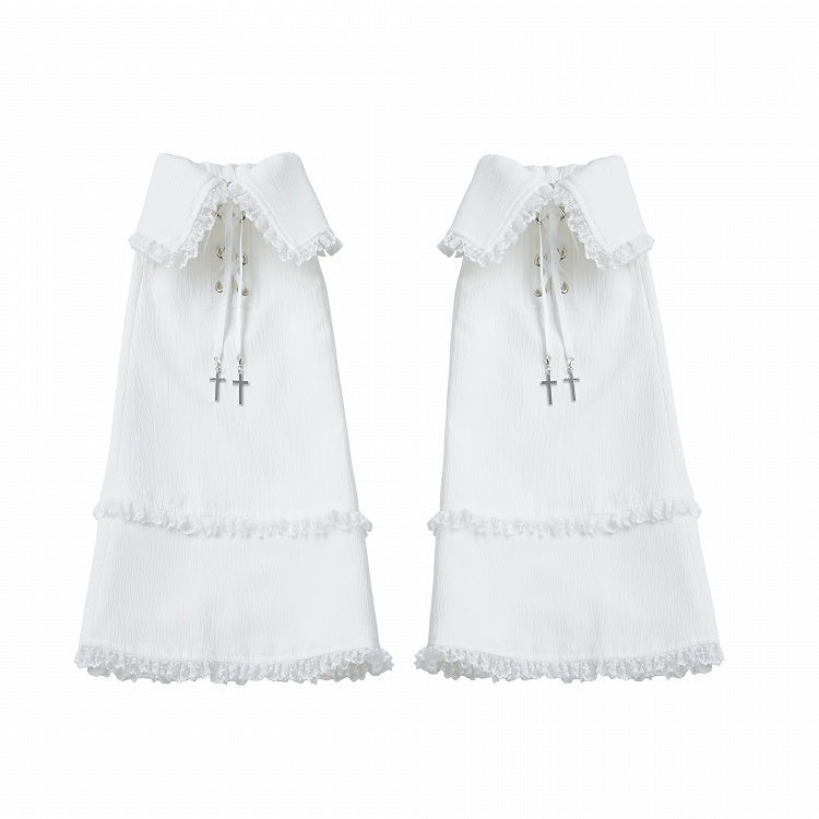 White Cuff Leg Warmers with Lace & Cross Charm - PINK SAVIOR