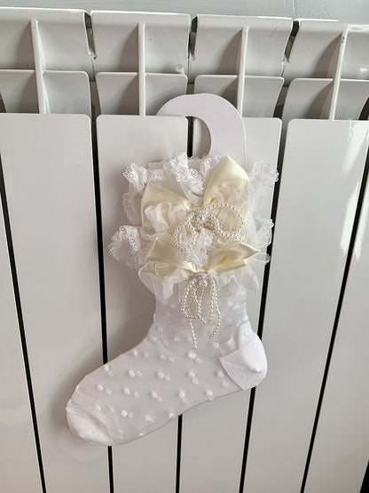 Yellow/Pink/Blue/Black Pattern Ankle Bowknot Beaded Trim Lace Socks Polka-dot