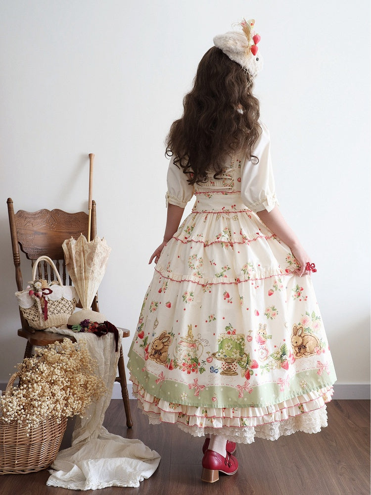 Bunny Lolita Grünes Kleid Print Saum Fashion House Pink Floral und