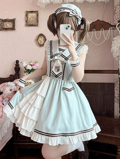 Mit Saum Cape Sailor Lolita Kragen Grün Rüschen Kleid Licht