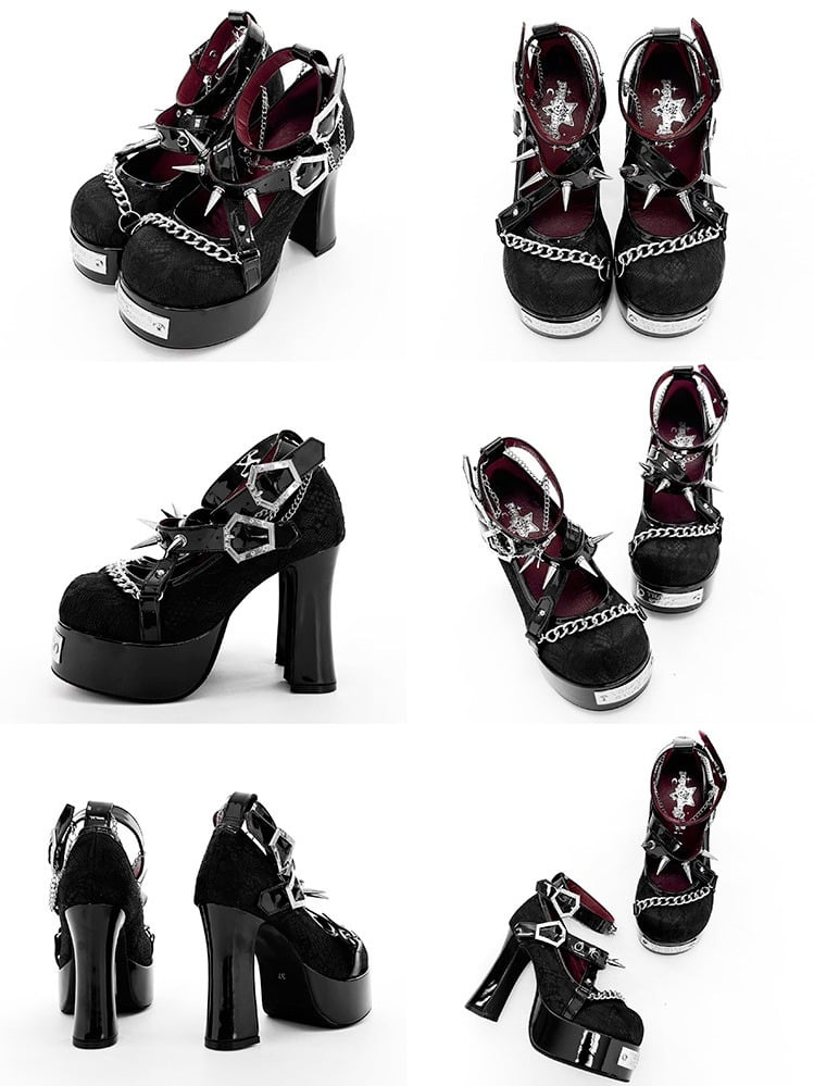 Gothic Black Round Toe 11.5CM High Heels with Spikes & Coffin Buckles - Transfer Student